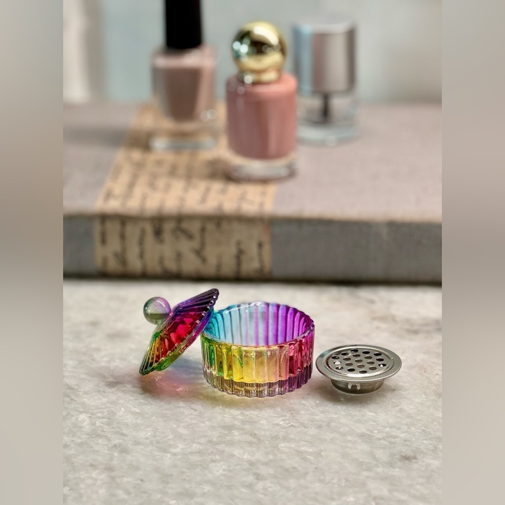 New MINI Fluted Rainbow Glass Nail Art Manicure Trinket Bowl Dish w/ Lid - 1.5” - Picture 4 of 9